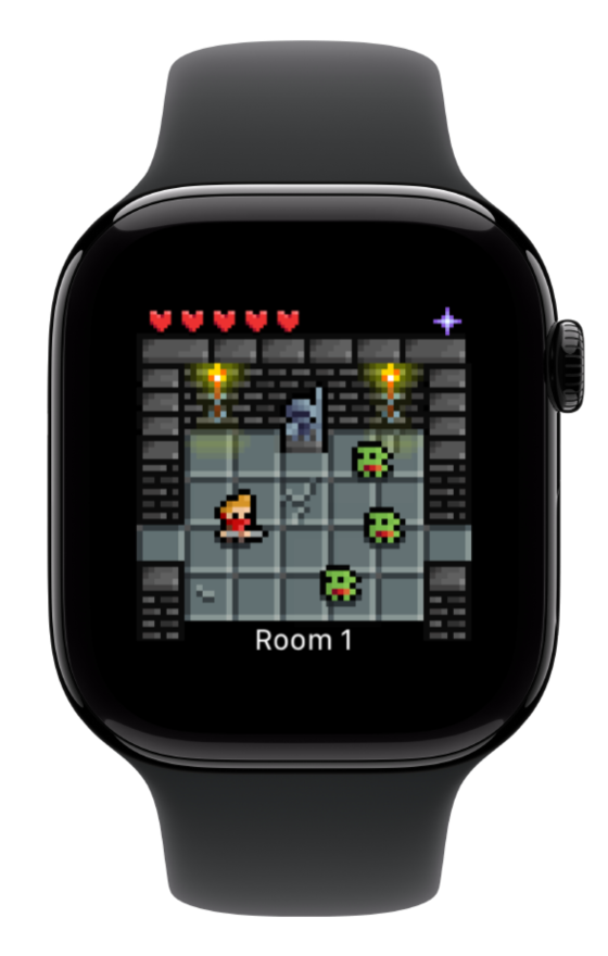Bit Battler on Apple Watch: the dungeon crawler UI shown on a wrist-worn device mockup.